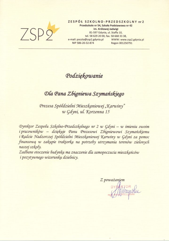 Podziękowania dla Pana Zbigniewa Szymańskiego