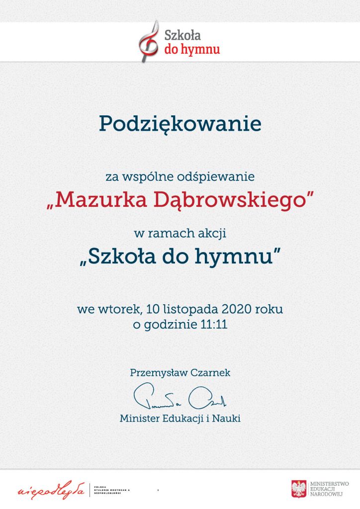 Dyplom "Szkoła do hymnu"