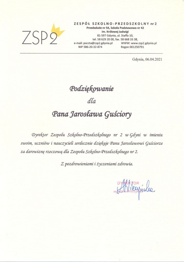 Podziękowania dla pana Jarosława Guściory