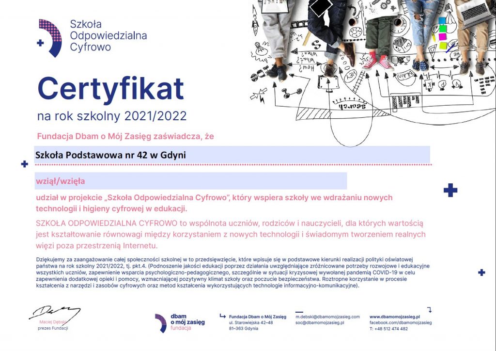 Certyfikat dla Szkoły Odpowiedzialnej Cyfrowo